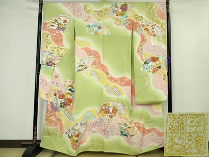 平和屋本店●極上　創業460年・千總　振袖　駒刺繍　檜扇花文　若葉色地　暈し染め　金彩　逸品　DZAB4608kh6