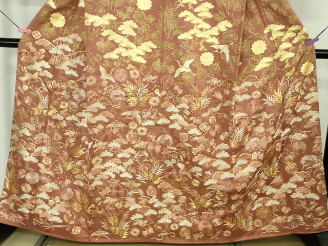 平和屋本店●最高級 中国三大刺繍 相良刺繍 駒刺繍 総手刺繍 訪問着 宝尽くし飛鶴文 濃い真赭色地 金糸 金通し地 三越扱い 逸品DZAB4616kh6