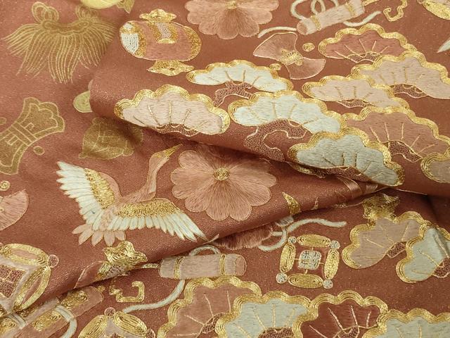 平和屋本店●最高級 中国三大刺繍 相良刺繍 駒刺繍 総手刺繍 訪問着 宝尽くし飛鶴文 濃い真赭色地 金糸 金通し地 三越扱い 逸品DZAB4616kh6