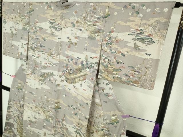 平和屋本店●極上　中国三大刺繍 汕頭刺繍　スワトウ刺繍　総刺繍　人物風景花文　薄色地　暈し染め　鬼しぼ縮緬　金糸　逸品　DZAB4617kh6