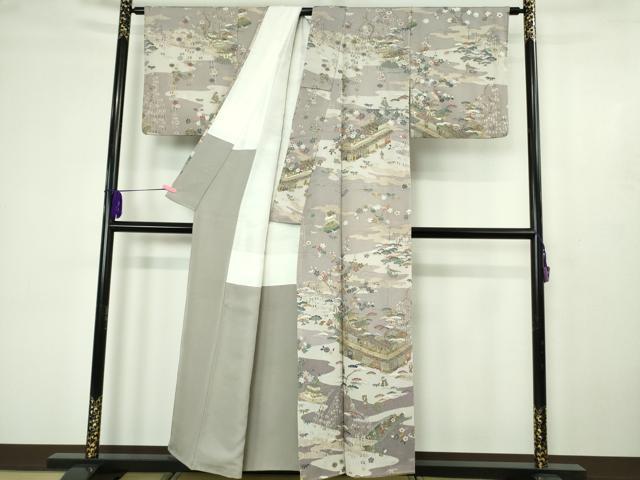 平和屋本店●極上　中国三大刺繍 汕頭刺繍　スワトウ刺繍　総刺繍　人物風景花文　薄色地　暈し染め　鬼しぼ縮緬　金糸　逸品　DZAB4617kh6