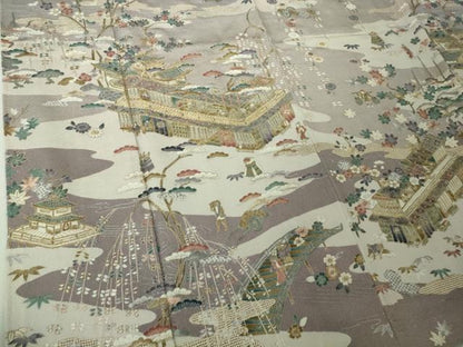 平和屋本店●極上　中国三大刺繍 汕頭刺繍　スワトウ刺繍　総刺繍　人物風景花文　薄色地　暈し染め　鬼しぼ縮緬　金糸　逸品　DZAB4617kh6