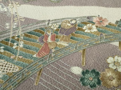 平和屋本店●極上　中国三大刺繍 汕頭刺繍　スワトウ刺繍　総刺繍　人物風景花文　薄色地　暈し染め　鬼しぼ縮緬　金糸　逸品　DZAB4617kh6
