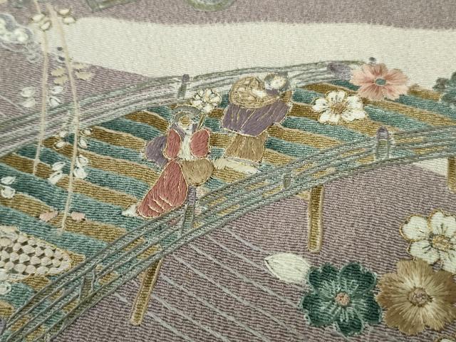 平和屋本店●極上　中国三大刺繍 汕頭刺繍　スワトウ刺繍　総刺繍　人物風景花文　薄色地　暈し染め　鬼しぼ縮緬　金糸　逸品　DZAB4617kh6