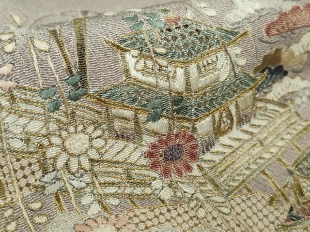 平和屋本店●極上　中国三大刺繍 汕頭刺繍　スワトウ刺繍　総刺繍　人物風景花文　薄色地　暈し染め　鬼しぼ縮緬　金糸　逸品　DZAB4617kh6