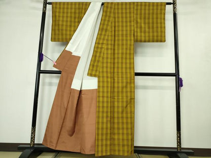 平和屋着物●極上　本場黄八丈　綾織　紬　格子　逸品　DZAB4624kh6