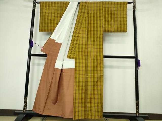平和屋着物●極上　本場黄八丈　綾織　紬　格子　逸品　DZAB4624kh6
