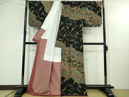平和屋着物●極上　江戸紅型　五味桂子　訪問着　飛鳥草花文　黒地　鬼しぼ縮緬　反端付き　逸品　未使用　DZAB4634kh6