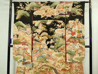 平和屋本店●極上　アンティーク　大正ロマン　振袖　駒刺繍　檜扇吉祥花文　暈し染め　黒地　金彩　逸品　DZAB4642kh6