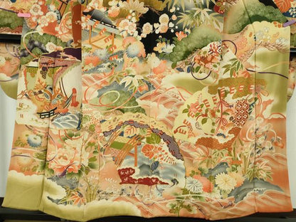 平和屋本店●極上　アンティーク　大正ロマン　振袖　駒刺繍　檜扇吉祥花文　暈し染め　黒地　金彩　逸品　DZAB4642kh6