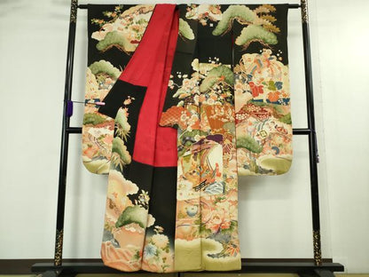 平和屋本店●極上　アンティーク　大正ロマン　振袖　駒刺繍　檜扇吉祥花文　暈し染め　黒地　金彩　逸品　DZAB4642kh6