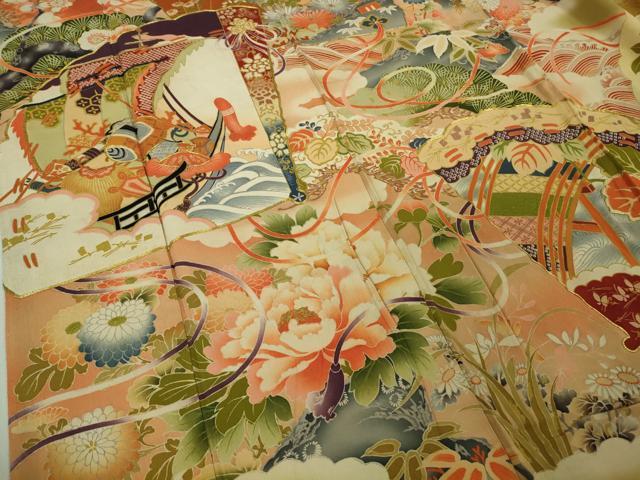 平和屋本店●極上　アンティーク　大正ロマン　振袖　駒刺繍　檜扇吉祥花文　暈し染め　黒地　金彩　逸品　DZAB4642kh6
