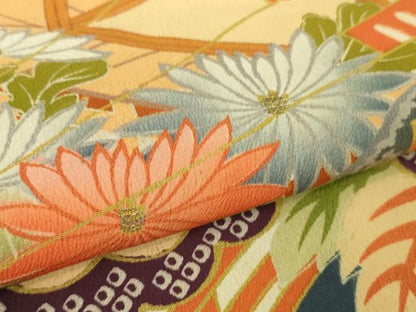 平和屋本店●極上　アンティーク　大正ロマン　振袖　駒刺繍　檜扇吉祥花文　暈し染め　黒地　金彩　逸品　DZAB4642kh6