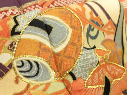 平和屋本店●極上　アンティーク　大正ロマン　振袖　駒刺繍　檜扇吉祥花文　暈し染め　黒地　金彩　逸品　DZAB4642kh6