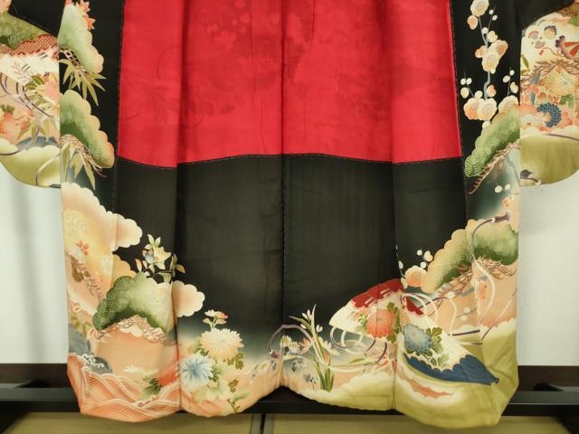 平和屋本店●極上　アンティーク　大正ロマン　振袖　駒刺繍　檜扇吉祥花文　暈し染め　黒地　金彩　逸品　DZAB4642kh6