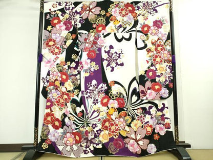 平和屋着物●極上　振袖　刺繍　舞花文　黒地　銀通し地　逸品　DZAB4643kh6