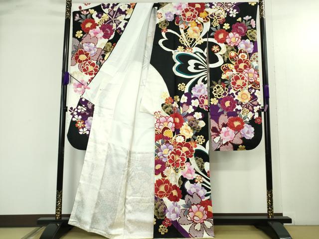 平和屋着物●極上　振袖　刺繍　舞花文　黒地　銀通し地　逸品　DZAB4643kh6