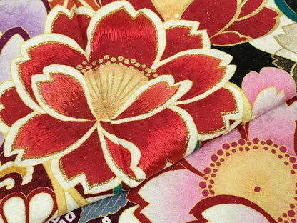 平和屋着物●極上　振袖　刺繍　舞花文　黒地　銀通し地　逸品　DZAB4643kh6