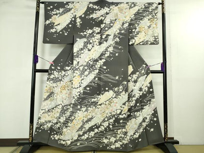 平和屋本店●極上　訪問着　駒刺繍　枝垂れ桜　舞葉花文　藍墨茶色地　金彩　逸品　DZAB4645kh6
