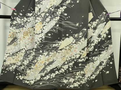 平和屋本店●極上　訪問着　駒刺繍　枝垂れ桜　舞葉花文　藍墨茶色地　金彩　逸品　DZAB4645kh6