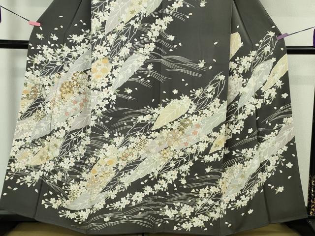 平和屋本店●極上　訪問着　駒刺繍　枝垂れ桜　舞葉花文　藍墨茶色地　金彩　逸品　DZAB4645kh6