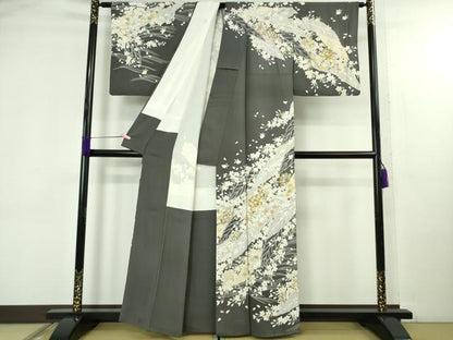 平和屋本店●極上　訪問着　駒刺繍　枝垂れ桜　舞葉花文　藍墨茶色地　金彩　逸品　DZAB4645kh6