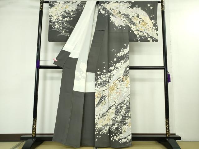平和屋本店●極上　訪問着　駒刺繍　枝垂れ桜　舞葉花文　藍墨茶色地　金彩　逸品　DZAB4645kh6