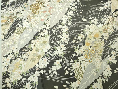 平和屋本店●極上　訪問着　駒刺繍　枝垂れ桜　舞葉花文　藍墨茶色地　金彩　逸品　DZAB4645kh6