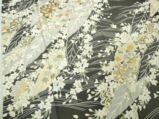 平和屋本店●極上　訪問着　駒刺繍　枝垂れ桜　舞葉花文　藍墨茶色地　金彩　逸品　DZAB4645kh6