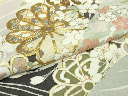 平和屋本店●極上　訪問着　駒刺繍　枝垂れ桜　舞葉花文　藍墨茶色地　金彩　逸品　DZAB4645kh6