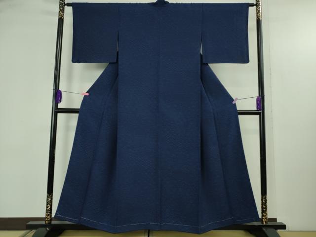 平和屋着物●極上　天然藍　藍染　古庄紀治　お召　名物裂花文　濃藍色　伊と幸　反端付き　逸品　未使用　DZAB4647kh6
