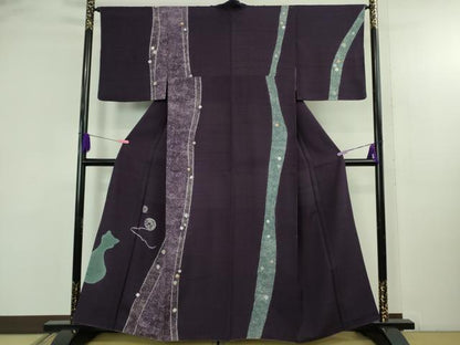 平和屋着物●極上　訪問着　紬地　絞り　猫　ネコ　毛糸　葡萄色地　逸品　DZAB4652kh6