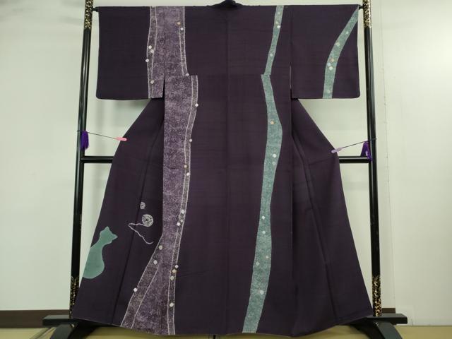 平和屋着物●極上　訪問着　紬地　絞り　猫　ネコ　毛糸　葡萄色地　逸品　DZAB4652kh6