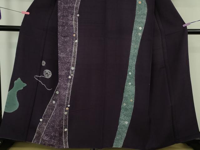 平和屋着物●極上　訪問着　紬地　絞り　猫　ネコ　毛糸　葡萄色地　逸品　DZAB4652kh6