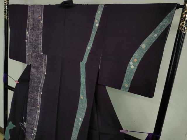 平和屋着物●極上　訪問着　紬地　絞り　猫　ネコ　毛糸　葡萄色地　逸品　DZAB4652kh6