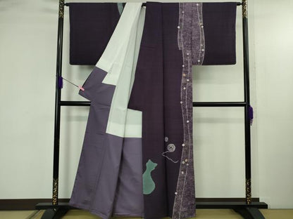 平和屋着物●極上　訪問着　紬地　絞り　猫　ネコ　毛糸　葡萄色地　逸品　DZAB4652kh6