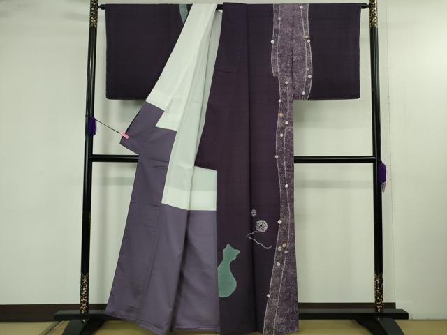 平和屋着物●極上　訪問着　紬地　絞り　猫　ネコ　毛糸　葡萄色地　逸品　DZAB4652kh6