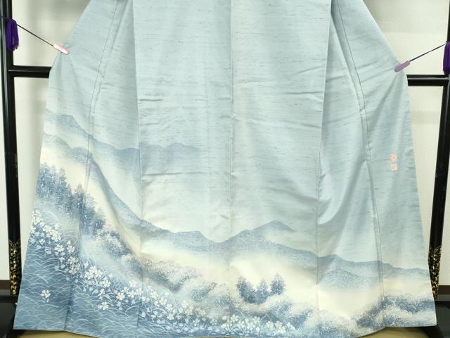 平和屋本店●極上 石川県指定無形文化財 牛首紬 白山工房 手織り 訪問着 作家物 山風景花文 さが美扱い 証紙付き 逸品 未使用　DZAB4655kh6