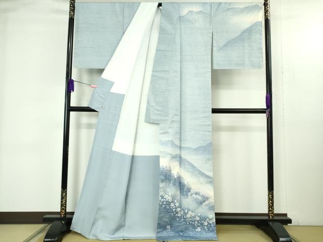 平和屋本店●極上 石川県指定無形文化財 牛首紬 白山工房 手織り 訪問着 作家物 山風景花文 さが美扱い 証紙付き 逸品 未使用　DZAB4655kh6