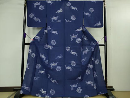 平和屋本店∴極上 夏物 浴衣 有松鳴海絞り 猫 ネコ 花 紺藍色地 麻 逸品 DZAB4673kh6