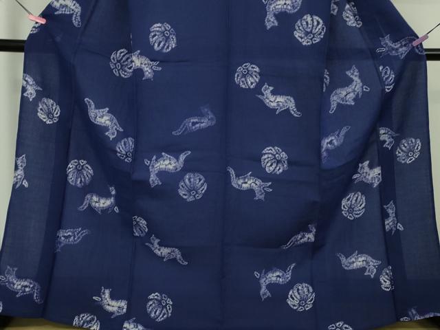 平和屋本店∴極上 夏物 浴衣 有松鳴海絞り 猫 ネコ 花 紺藍色地 麻 逸品 DZAB4673kh6
