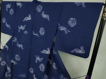 平和屋本店∴極上 夏物 浴衣 有松鳴海絞り 猫 ネコ 花 紺藍色地 麻 逸品 DZAB4673kh6