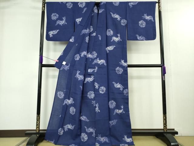 平和屋本店∴極上 夏物 浴衣 有松鳴海絞り 猫 ネコ 花 紺藍色地 麻 逸品 DZAB4673kh6