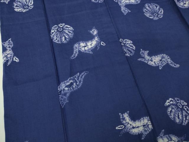 平和屋本店∴極上 夏物 浴衣 有松鳴海絞り 猫 ネコ 花 紺藍色地 麻 逸品 DZAB4673kh6