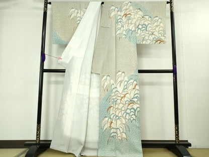 平和屋本店●超希少　日本工芸会会員　染織作家　人間国宝　鈴田照次　木版摺更紗　訪問着　型染　草葉文　金彩　逸品　DZAB4679kh6