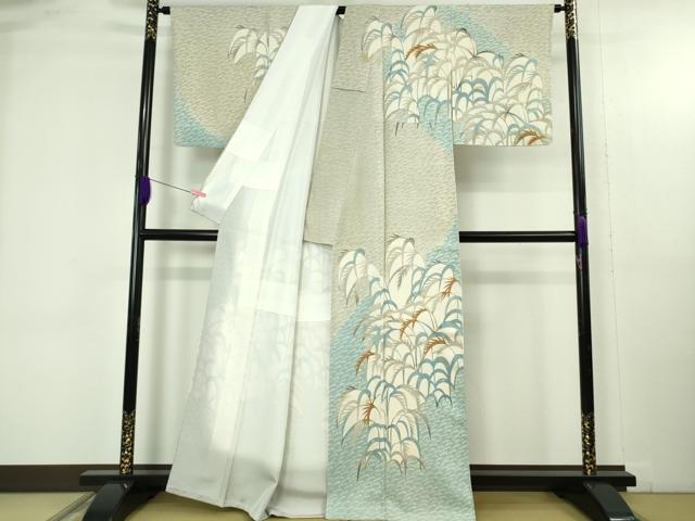 平和屋本店●超希少　日本工芸会会員　染織作家　人間国宝　鈴田照次　木版摺更紗　訪問着　型染　草葉文　金彩　逸品　DZAB4679kh6