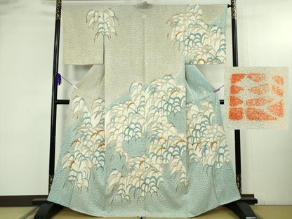 平和屋本店●超希少　日本工芸会会員　染織作家　人間国宝　鈴田照次　木版摺更紗　訪問着　型染　草葉文　金彩　逸品　DZAB4679kh6