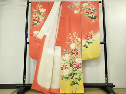 平和屋本店●極上　本加賀友禅作家　成竹登茂男　振袖　花鳥文　暈し染め　金赤色地　西武百貨店扱い　逸品　DZAB4680kh6