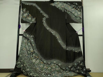 平和屋本店●極上　訪問着　辻が花　黒地　金彩　金通し地　逸品　DZAB4684kh6