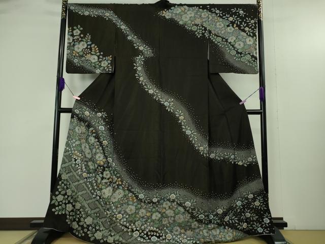 平和屋本店●極上　訪問着　辻が花　黒地　金彩　金通し地　逸品　DZAB4684kh6